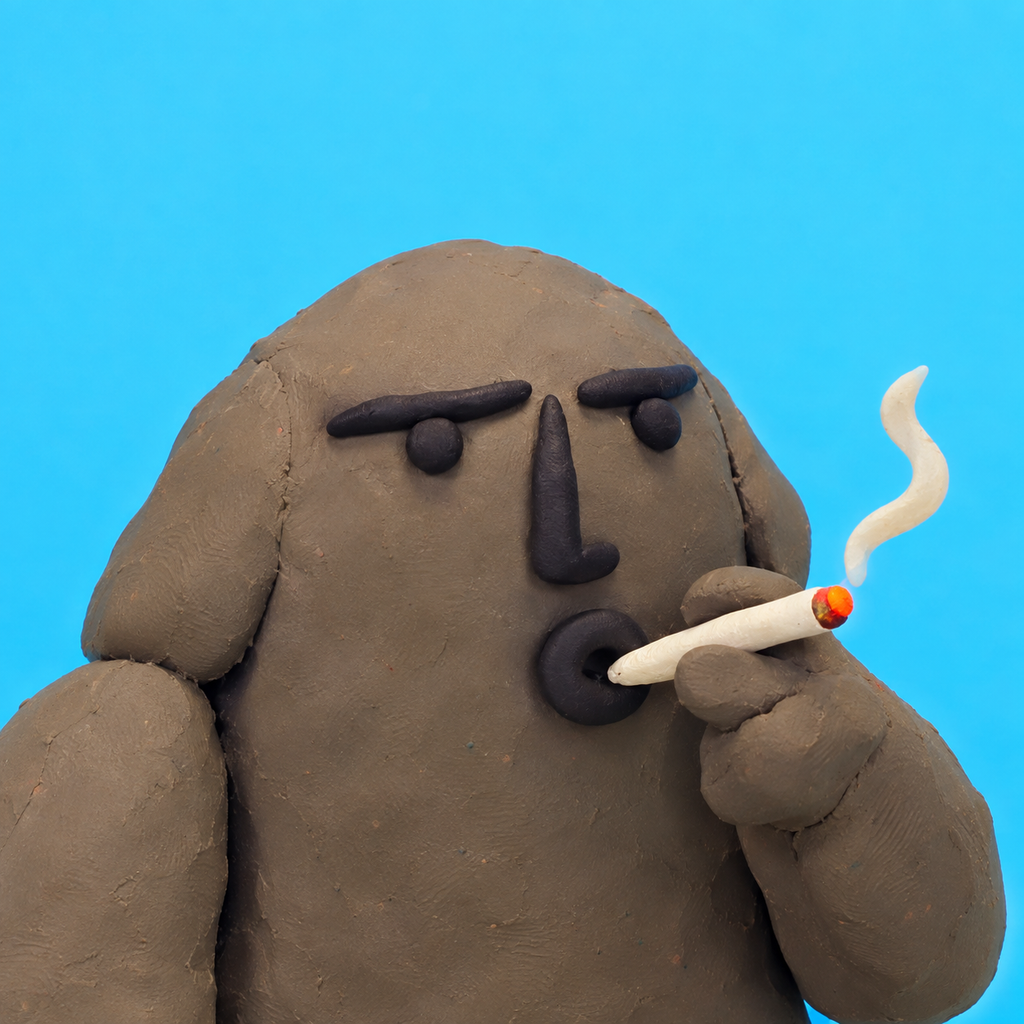 A lumpy gray clay face with tired black brows, a long nose and an O-shaped mouth, holding a cigarette against cyan.